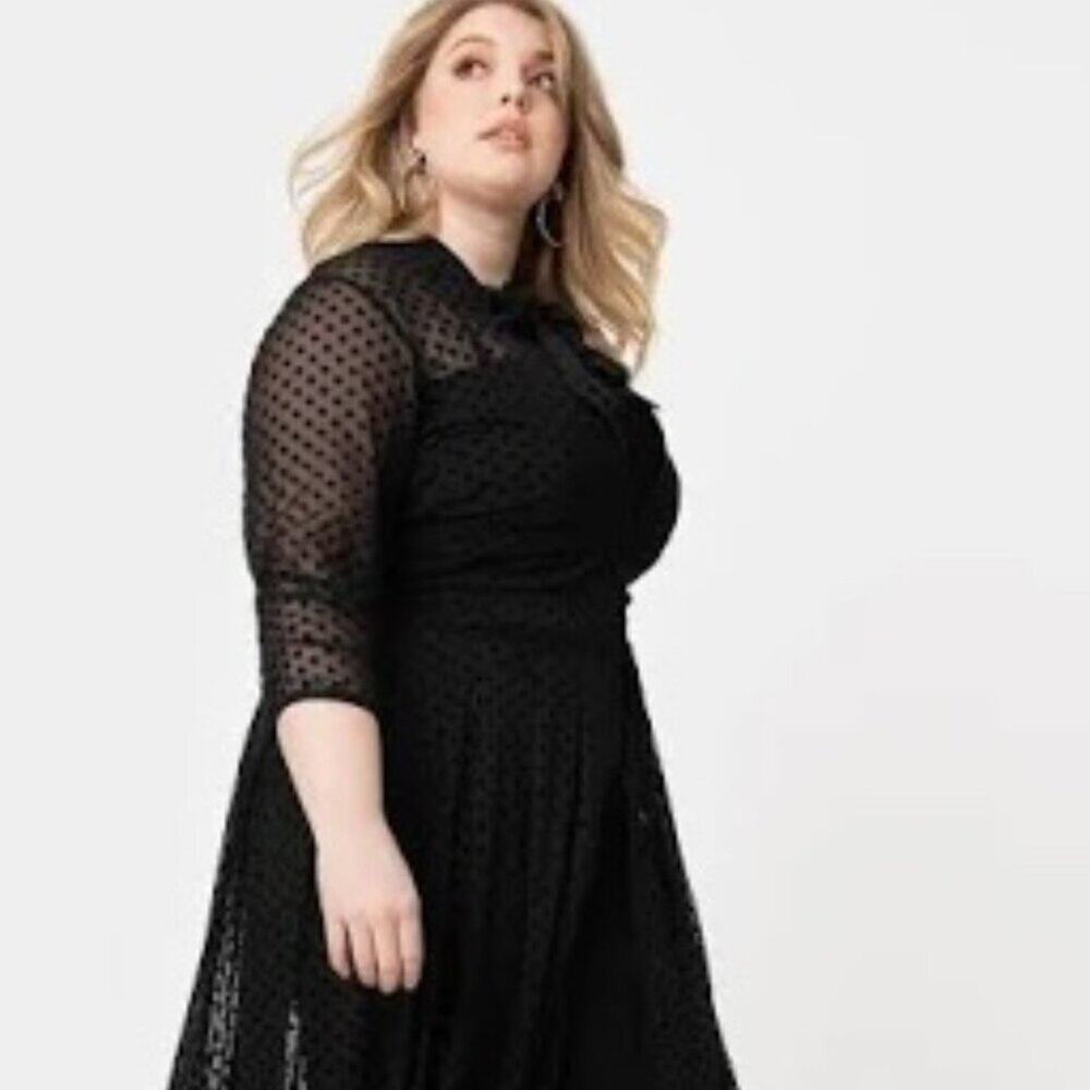 Sheer Dotted Longline Black Jacket Coat with Bow Neck - Picture 2 of 8